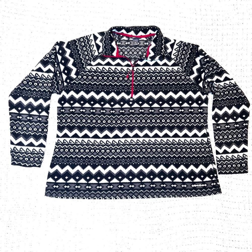 Eddie Bauer Women’s Black and White Patterned 1/4 Pullover Fleece Sweater 2XL